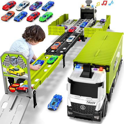Carrier Truck Race Track Toddlers Toys, Foldable 3 Layer Track Playset, Toy Truck Transport Car Carrier & 8 Race Cars, Truck Car Kids Toys Xmas Gifts for Age 3 4 5 6+ Years Old Boys Girls